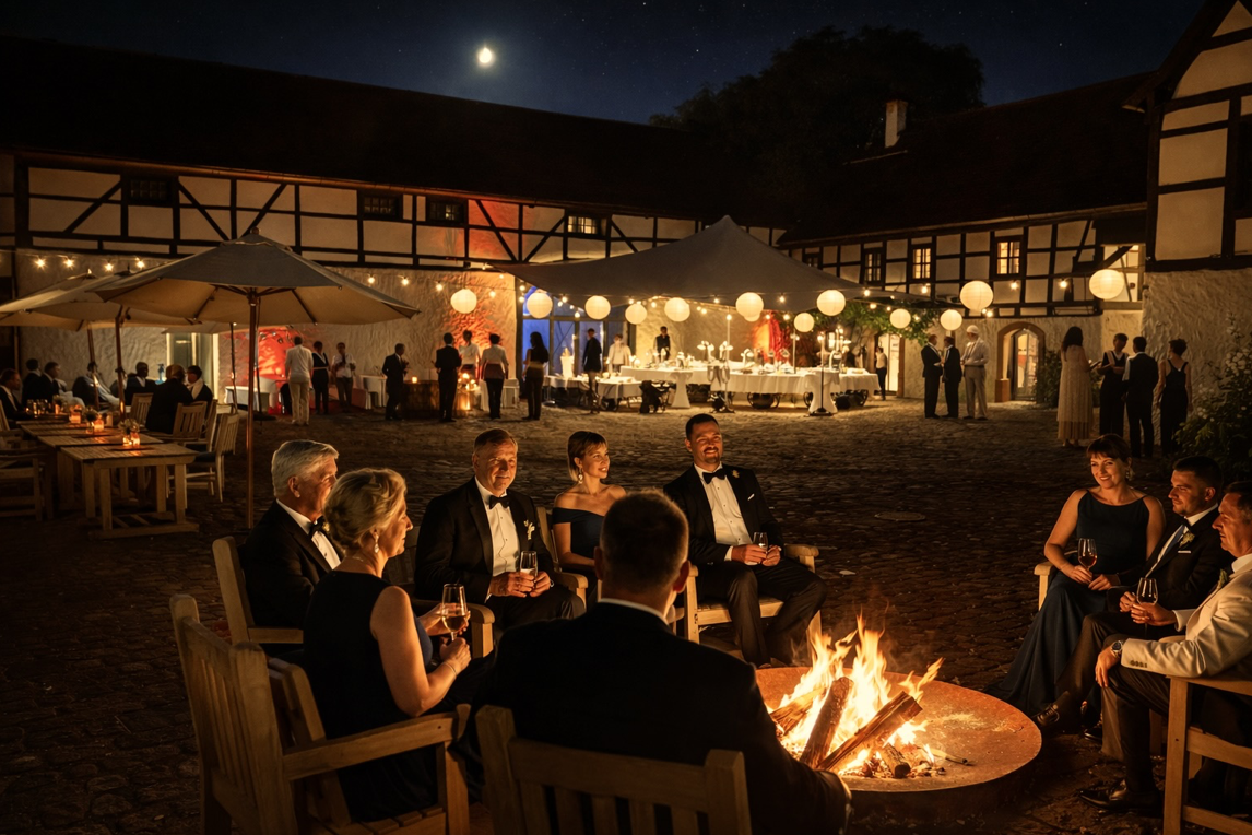 Hof in Abendglanz und Feuerschein
